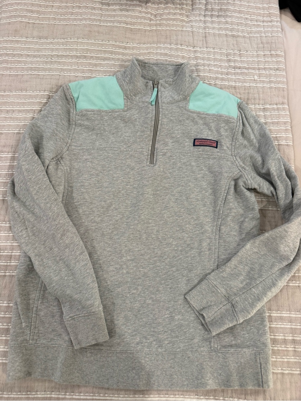 Vineyard Vines Heather Gray Shep Quarter-Zip with Mint Shoulder Accents
